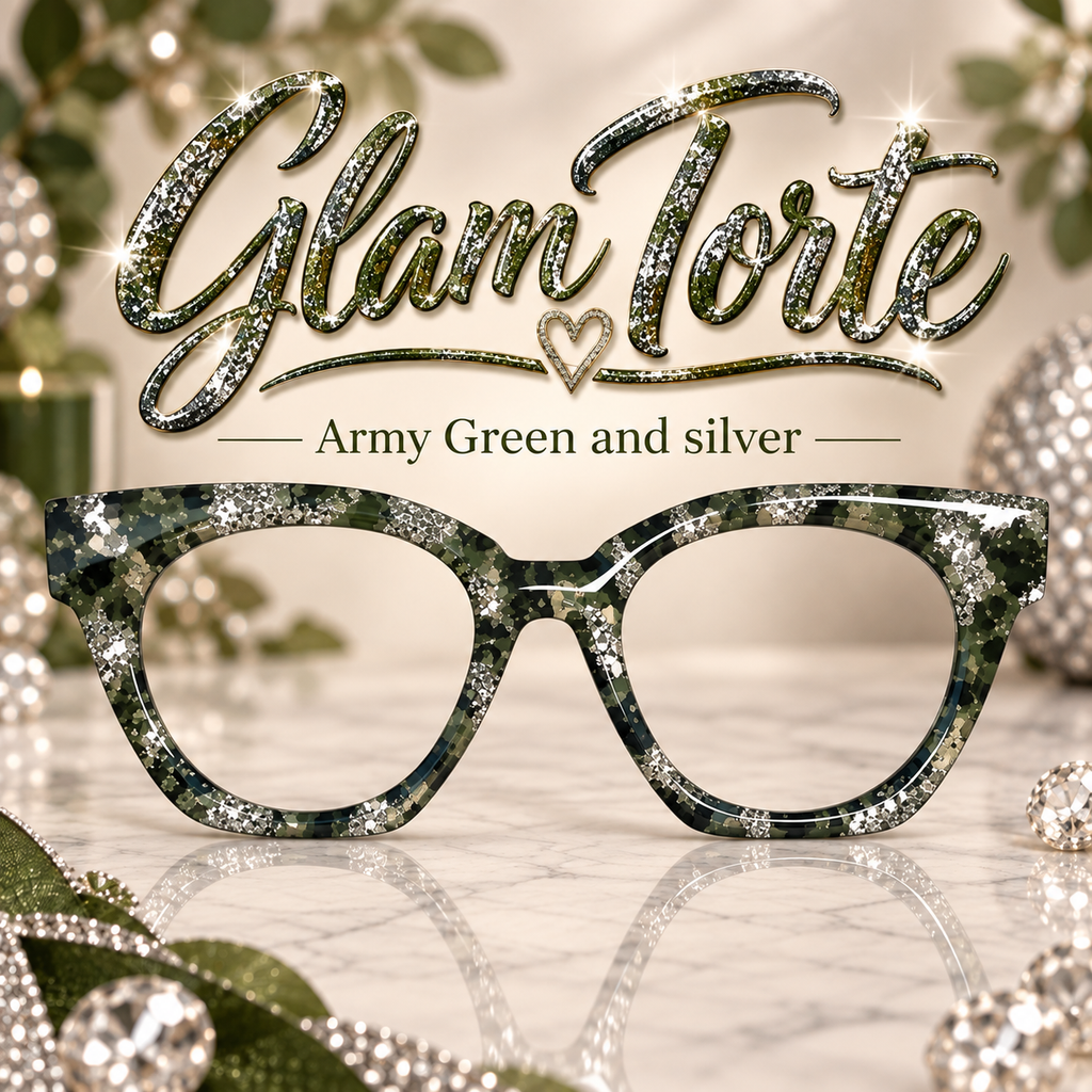 GLAM TORTE in Army Green and Silver or Gold Glitter Eyewear Toppers, comes with N52 magnets