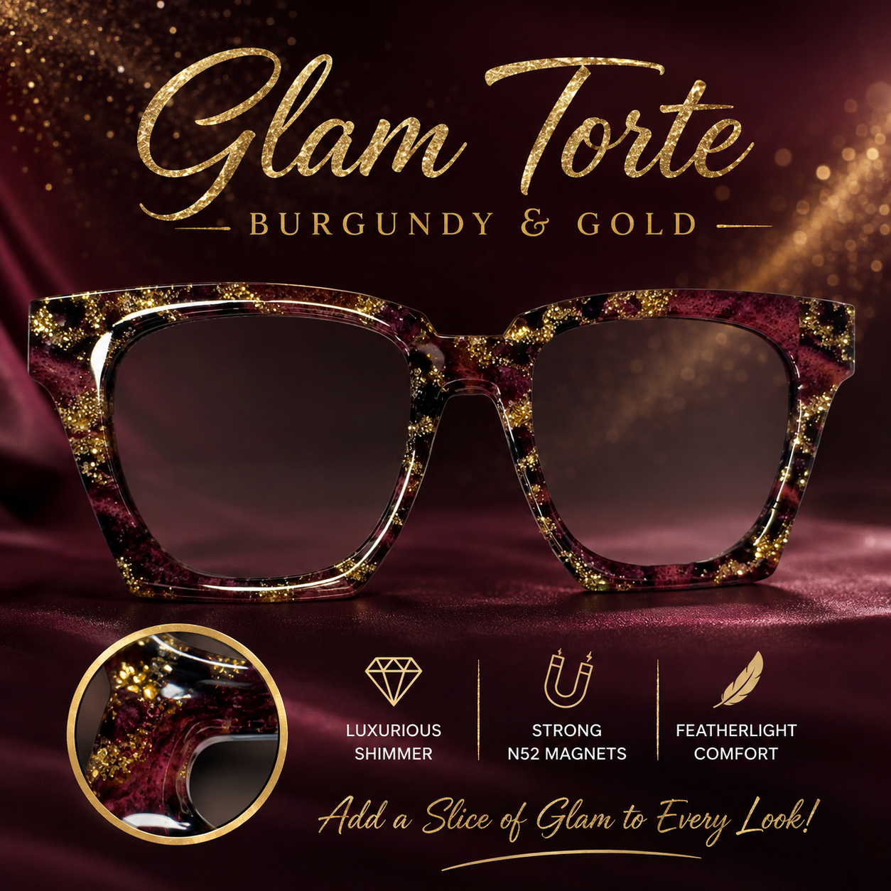 GLAM TORTE  in Burgundy and Gold Glitter Eyewear Toppers, comes with N52 magnets
