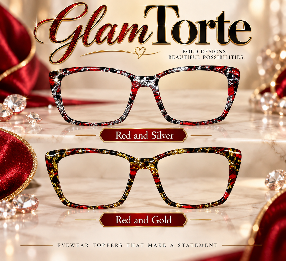 GLAM TORTE in Red and Silver or Red and Gold Glitter Eyewear Toppers, comes with N52 magnets (Copy)