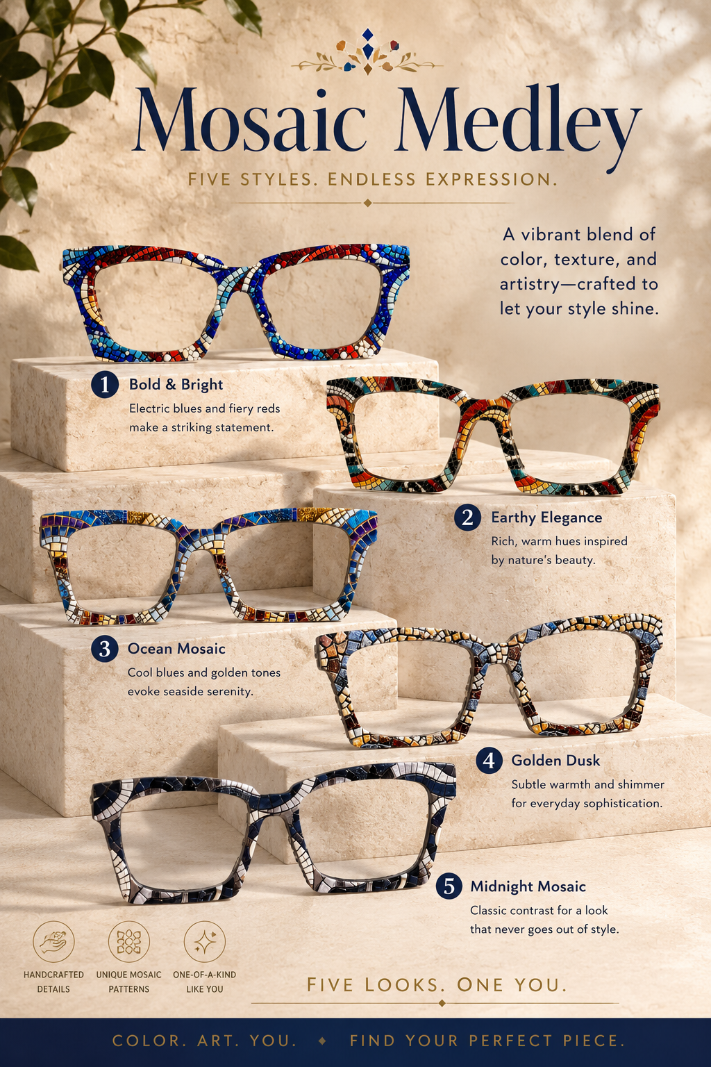 MOSAIC MELODY - 5 DESIGNS Texturized Eyewear Toppers, comes with N52 magnets attached