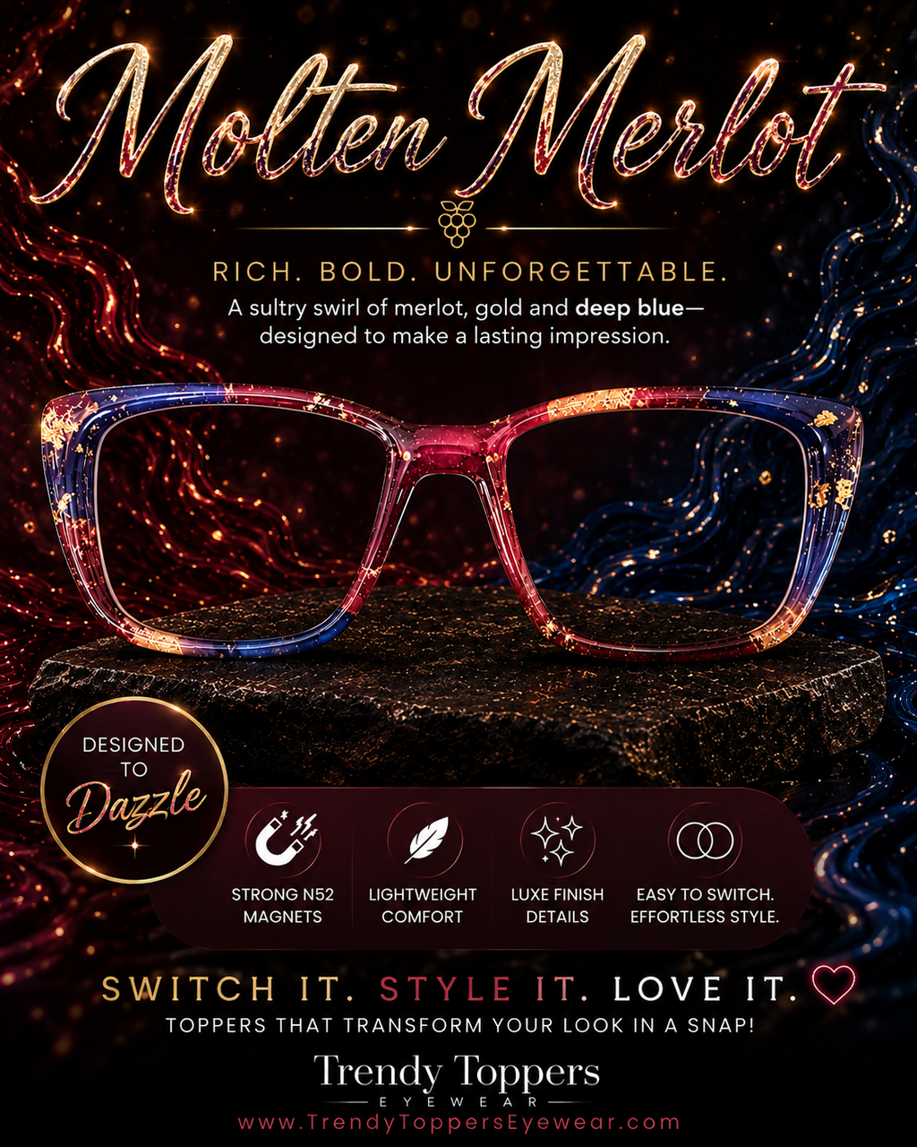 MOLTEN MERLOT Eyewear Toppers, comes with N52 magnets