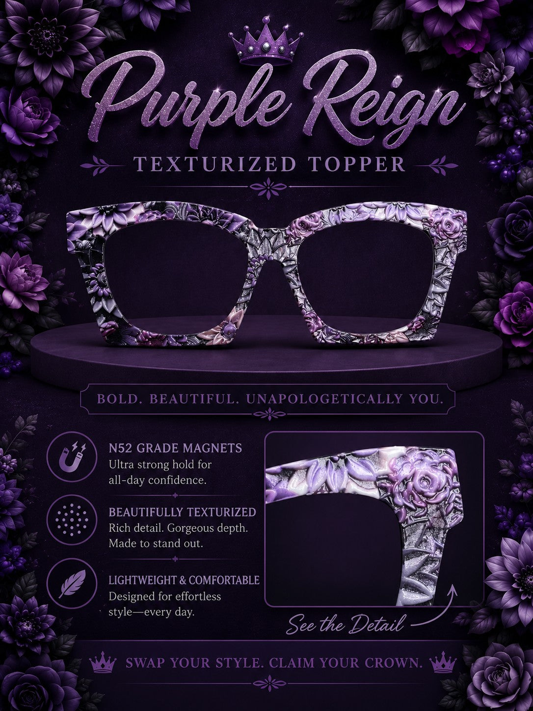 PURPLE REIGN TEXTURIZED Eyewear Toppers, comes with N52 magnets attached