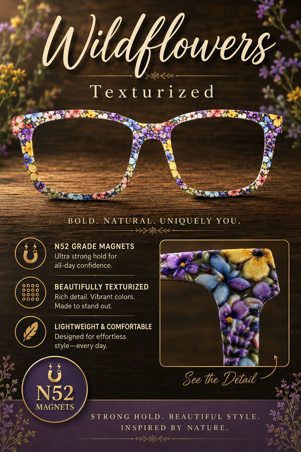 WILDFLOWERS TEXTURIZED Eyewear Toppers, comes with N52 magnets attached